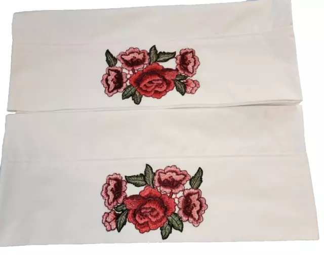 2 Homemade Pillowcases White W/red Embroidered Roses 19 X 30 Stan/queen