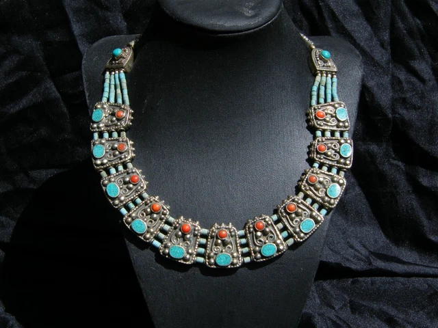 Vintage Tibetan Silver Necklaces Turquoise Coral Stone Old Multi Strands Beads