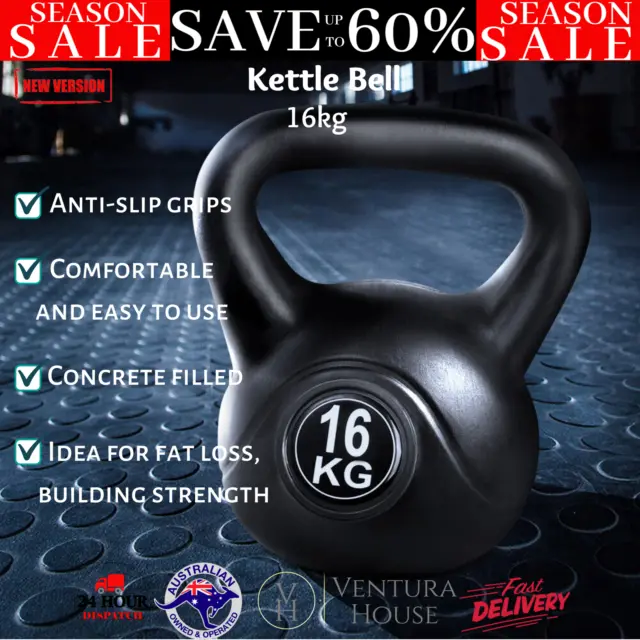 16kg Kettlebell Concrete Filled Kettle Bell Kit Gym Home Weight Fitness Exercise