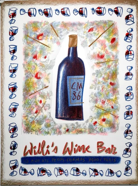 Affiche ancienne originale  willi's wine bar, artiste Cathy Millet 1986