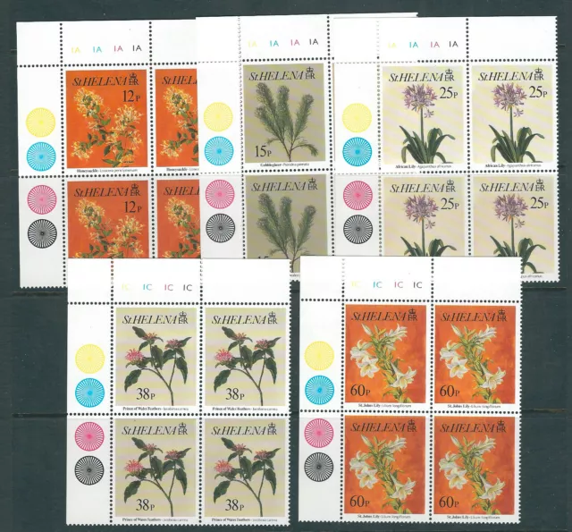 St.Helena 1994 Fleurs Complet Set 5 (Scott 636-40) VF MNH Plaque Blocs / 4