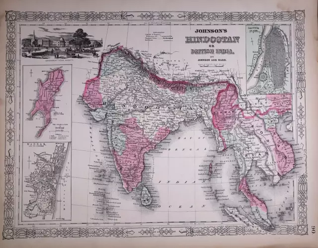 1863 Map ~ HINDOOSTAN - FARTHER INDIA  Authentic Johnson Atlas Map (14x18)-#1867