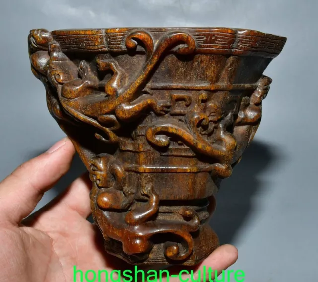 5.5" Old Chinese Ox Horn Sculpture Dragon Beast Pattern Wine Cup Mug Sculpture