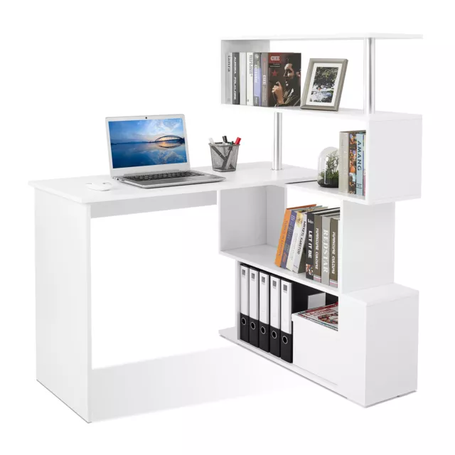 Mondeer L Shaped Computer Desk Corner Desk 360 Degree Rotatable Shelve White