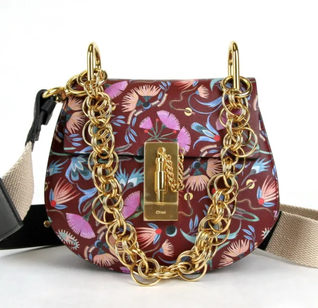 New Chloe Plum Purple Leather Bijou Floral Print Small Drew Shoulder Bag C0T1QB