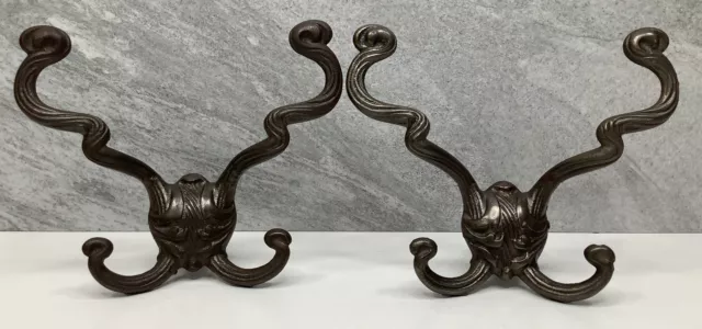 (2) Vintage Antique Cast Iron 4-Hook Coat & Hat Wall Trees & Hardware Art Deco