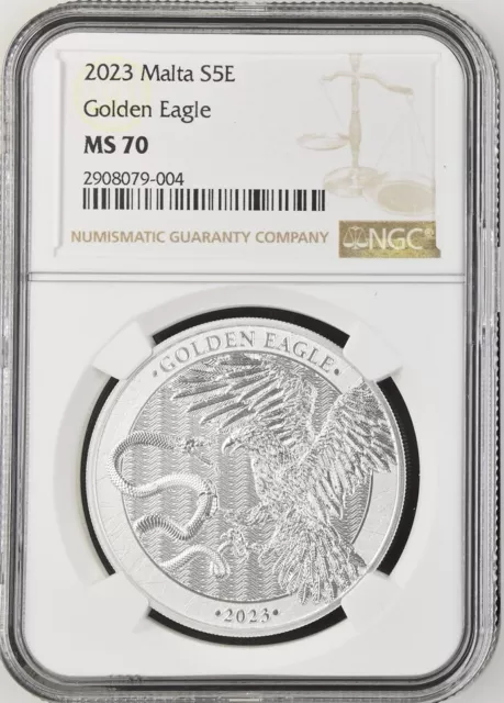 2023 Malta GOLDEN EAGLE 1oz Silver 5 Euro S5E Coin NGC MS70 TOP POP