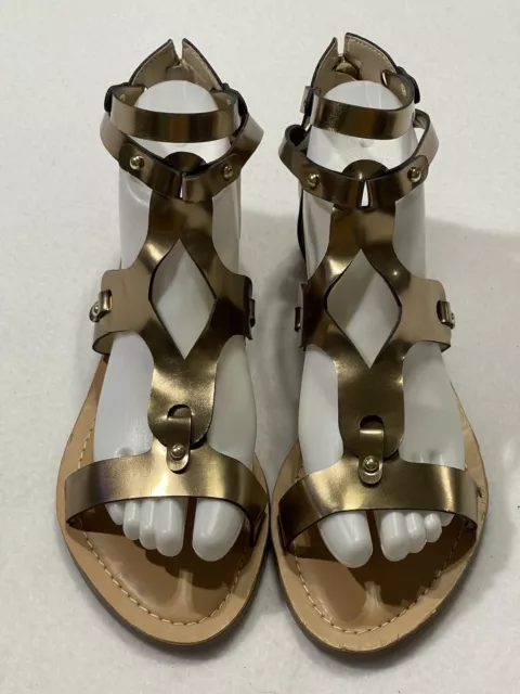 GUESS Gold Gladiator Back Zip Metal Rivets Strappy Sandal Shoe Women’s Size 9.5M 2