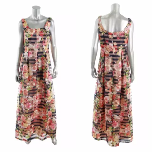 New Nine West Sheer Organza Rose Floral Striped Formal Dress sz 6