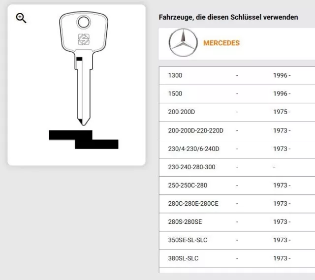 Oldtimer Ersatzschlüssel für Mercedes Benz  230 - 250 -350SE - 350SLC