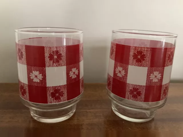 VINTAGE PREOWNED SET OF 2 Libbey Red White Floral Gingham 4.25" JUICE Glasses