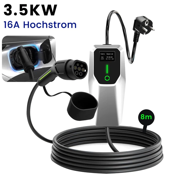 EV Ladegerät Typ 2 Schuko Stecker 8/10/16Amp Einstellbare Strom, 6M TPU Ladekabel Tragbare EV Autos Ladestation 3.68KW Wallbox Für Alle Elektrofahrzeuge & Plug In Hybrid Autos