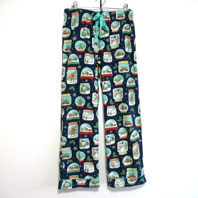 Nick & Nora Flannel Pajama Bottoms Navy Snow Globes Sock Monkey Women's Size S