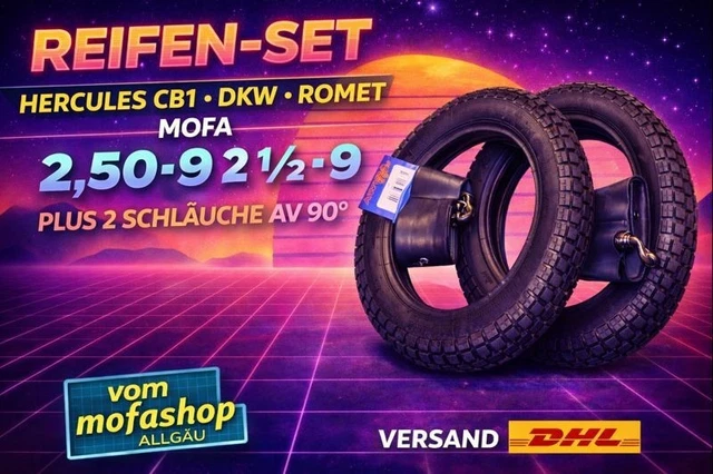 Reifen 4 Reifen-Set Hercules CB1 / DKW / Romet Mofa – 2.50-9 Mit 2 Schläuchen, Sommerreifen, Schlauchreifen Motorrad Reifen