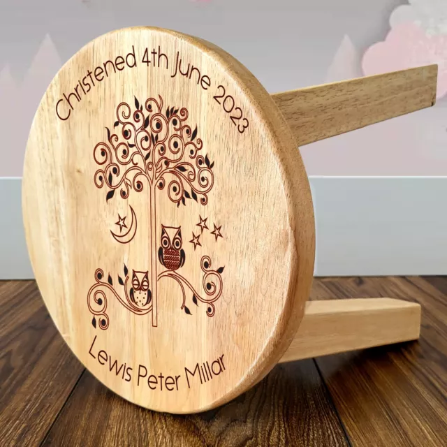 Engraved Child Stool with Name Date Owl Design Personalised Wooden Stool Him Her