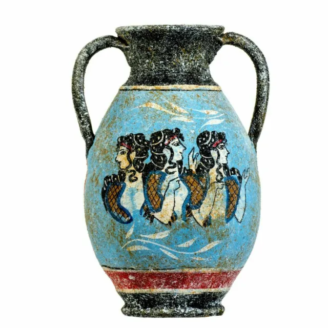 Antiguo griego minoico ánfora cerámica florero fresco mural damas en azul S
