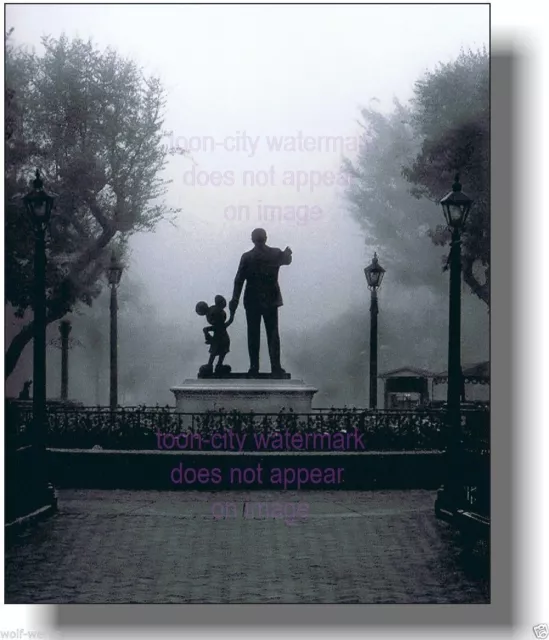 8x10 NEW Disneyland in the FOG Mickey & Walt Art image Partners Statue photo