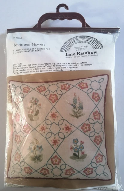 Kit de bordado Jane Rainbow Crewel corazones y flores 45 cm cuadrados sin usar JR1006A