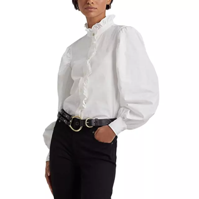 Ralph Lauren Ruffle-Trim Cotton Broadcloth Shirt MSRP $145 Size XL # 6C 2239 Blm