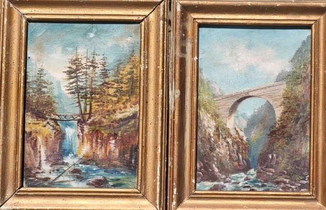 2 TABLEAUX SIGNÉS FRANÇOIS VALIN Paysage Pont Rivière Peinture huile