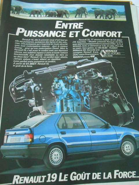 Une page Publicité 1989  Renault 19 le gout de la force éléphant