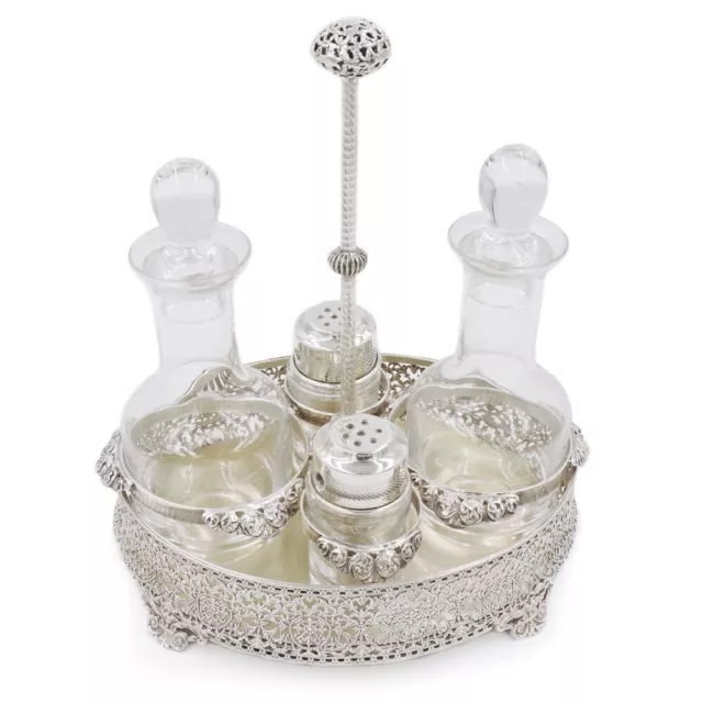 Set Olio Aceto Sale Pepe in Argento 925 e Fine Cristallo con Decoro Floreale