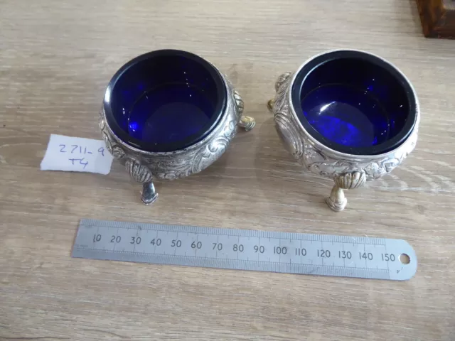 Superb Pair Victorian Antique Solid Silver Blue Glass Linned Salts / Dishes