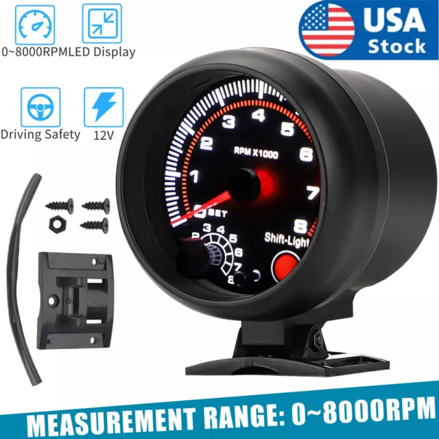 3.75" Universal Car Tachometer Gauge Meter with LED Shift Light 0-8000 RPM 12V