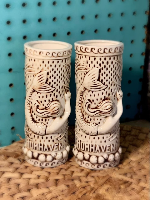 TIKI ROB Tiki Mugs 3D Mermaid Rumhaven Caribbean Rum Set of 2 Made in Hawaii