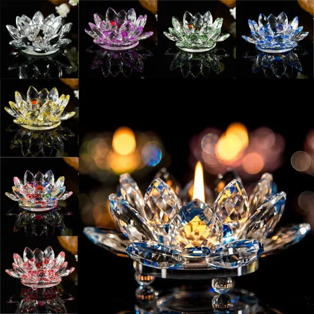 Colorful Crystal Glass Lotus Flower Candle Tea Light Holder Candlestick Deocr