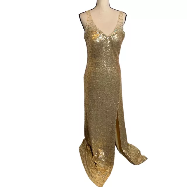 Dancing Queen Long Gown Dress Large Gold Sequin Sparkly V Neck Side Slit Lined