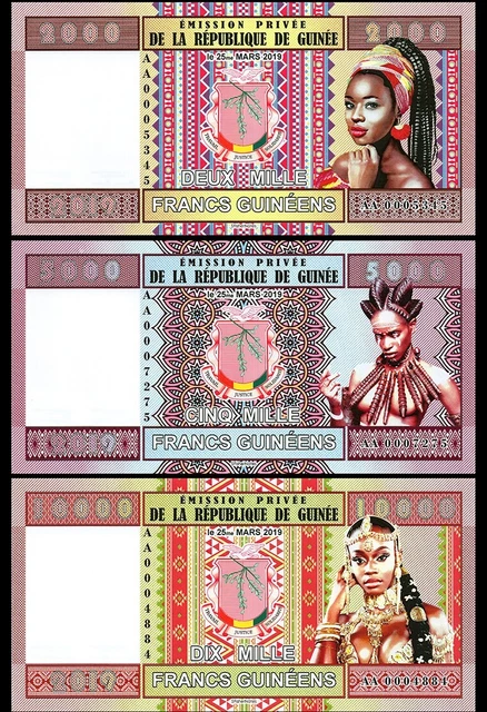 LOT of 3 pcs GUINEA africa 2000 5000 and 10000 FRANCS 2019 year POLYMER UNC