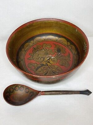 Antique Turned Wood HP Folk Art Bowl With Matching Spoon