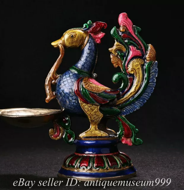 8" Old Chinese Bronze Gilt Inlay Gem Enamel Cloisonne Phoenix lamp Statue