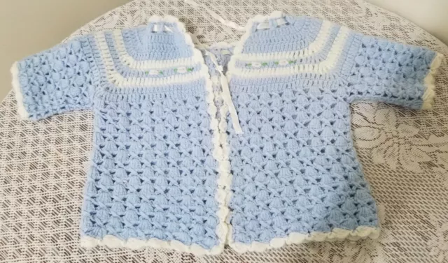 Vintage Hand Crocheted Baby Infant Cardigan Sweater Blue/White Trim FREE SHIPPIN