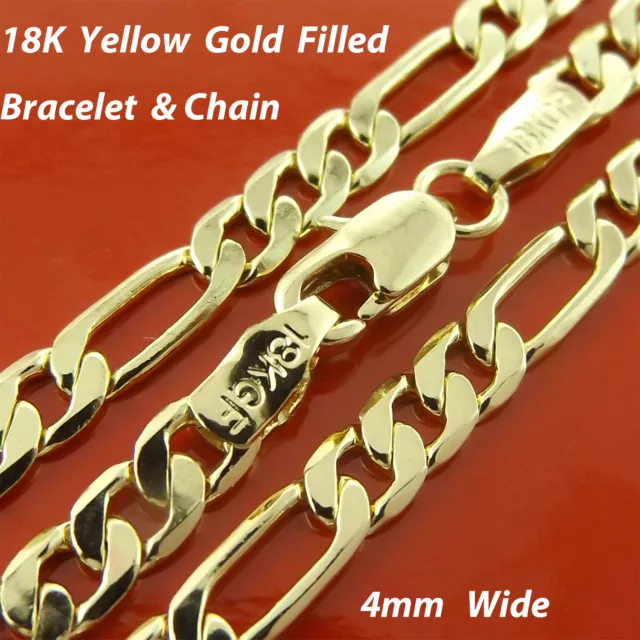 Figaro Necklace & Bracelets Real 18k Yellow Gold Filled Solid Men's 3x1 Chain