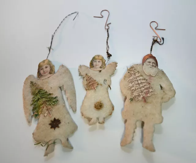 3 Teile Watte/Oblaten Christbaumschmuck * 1 Weihnachtsmann & 2 Engel * um 1900