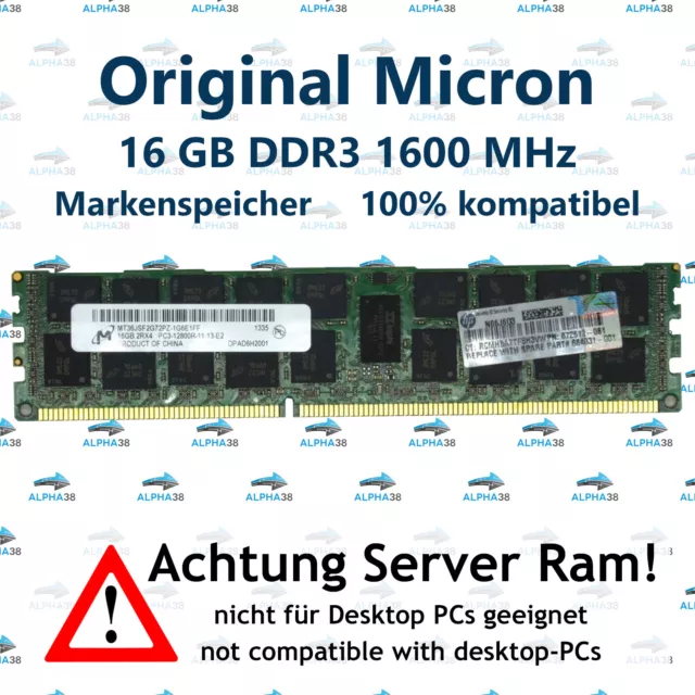 16 GB Rdimm ECC DDR3-1600 HP Proliant DL160 DL360e Gen8 G8 Serveur RAM