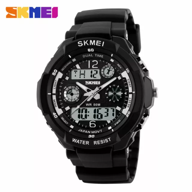 SKMEI Men's Waterproof Sport Army Alarm Date Analog Digital Black Wrist Watch UK