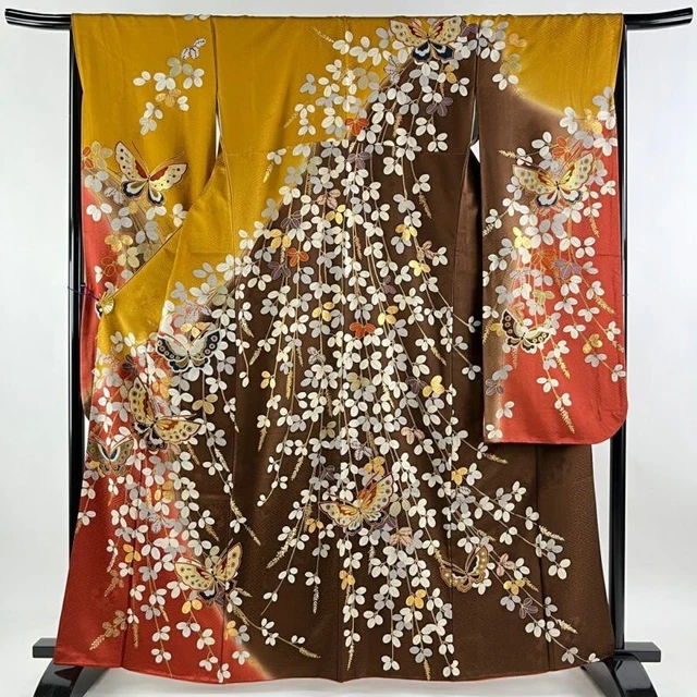 Woman Japanese Kimono Furisode Silk Butterfly Hagi Gold Thread Foil Brown