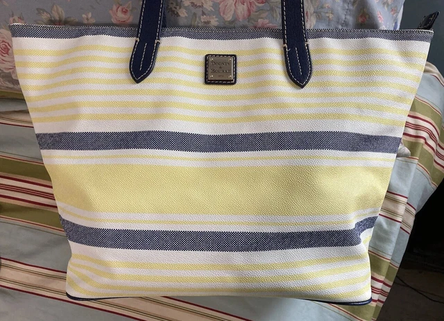 Dooney Bourke Blue & Yellow Stripes Saffiano Leather Tote Nautical Beach Travel