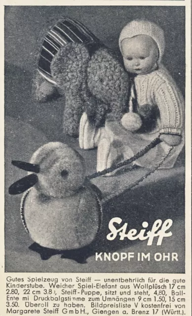 Steiff Puppe Elefant Ente Reklame von 1935 Kuscheltier stuffed animal ad Werbung