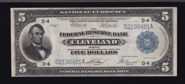 US 1918 $5 FRBN Cleveland District Note FR 787 VF (481)