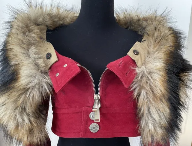 Dsquared2 Women’s Red Twill Faux Fur Hooded Bomber Cropped Coat 38IT XSUS NEW 3