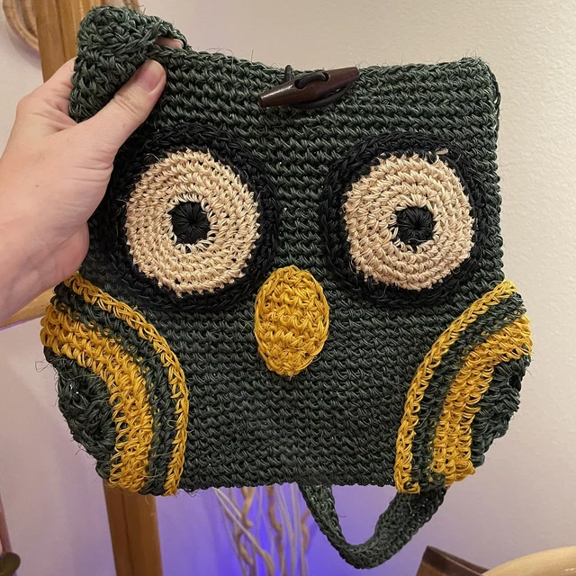 Vintage Raffia Purse Boho Owl Knitted Hippie Crossbody Shoulder Bag Hand Woven