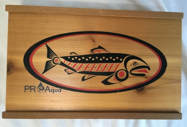 Box SalmonCedar Wood Trinket PR Aqua w/ Sliding Lid Haida image of 11" x 7"