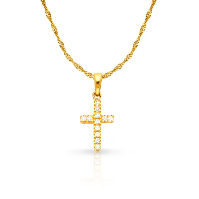 14K White Gold Fancy Cross CZ  Charm Pendant &0.9mm Singapore Chain Necklace