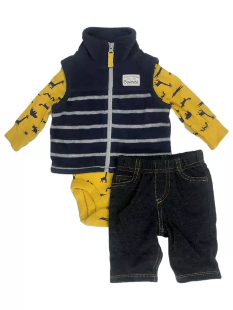 Carters Infant Boy 3pc Navy Vest Yellow Dinosaur Bodysuit & Pants Outfit Newborn