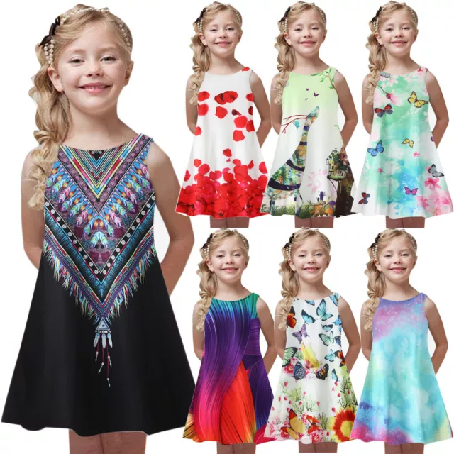 Toddler Girls Summer Princess Dress Kids Baby Printing Party Sleeveless Dresses