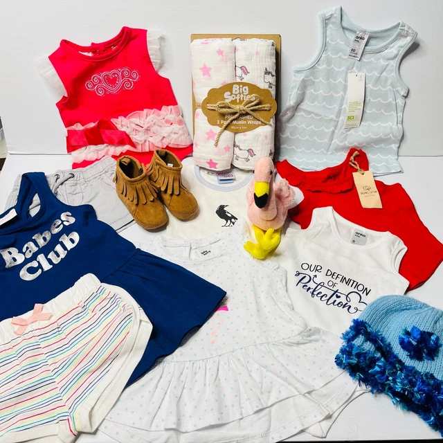 Baby Girl Clothing Bundle Lot Bulk x13 Tops Shoes Wraps Romper Size 00 to 1